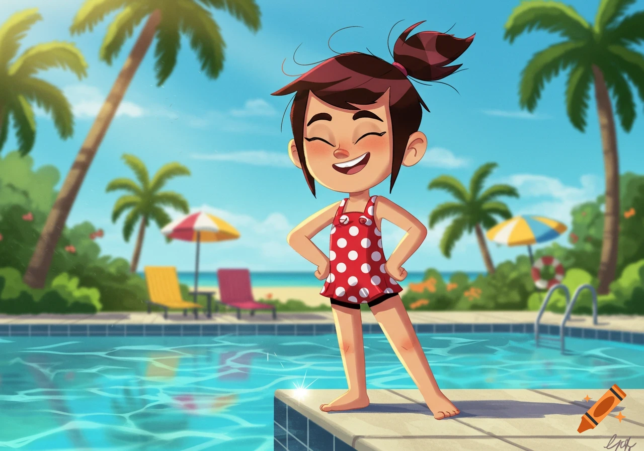 A smiling cartoon girl in a red polka dot swimsuit stands by a blue swimming pool, with palm trees and a beach in the background.