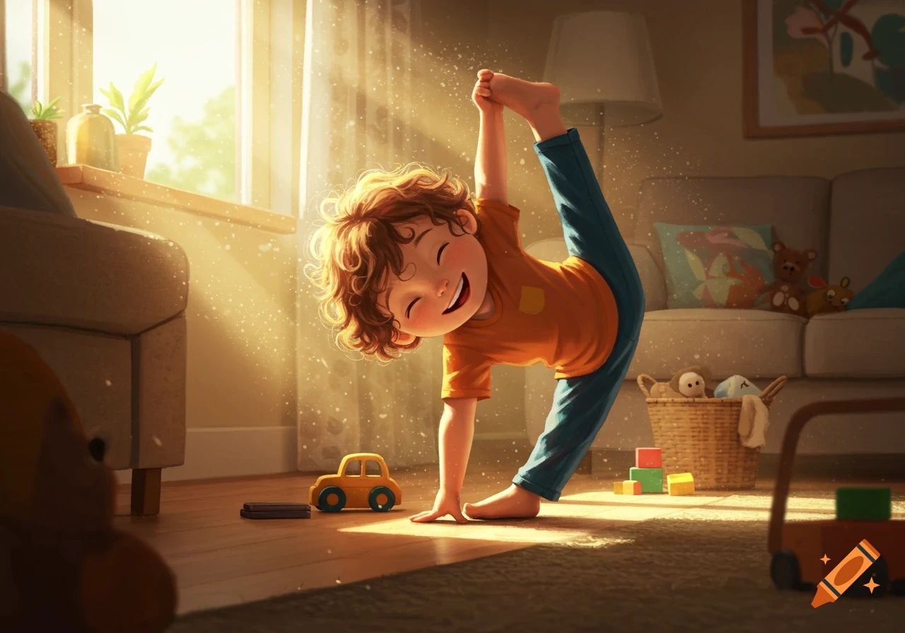Smiling cartoon child with curly hair doing a yoga pose in a sunny room with toys. Illustrative style.