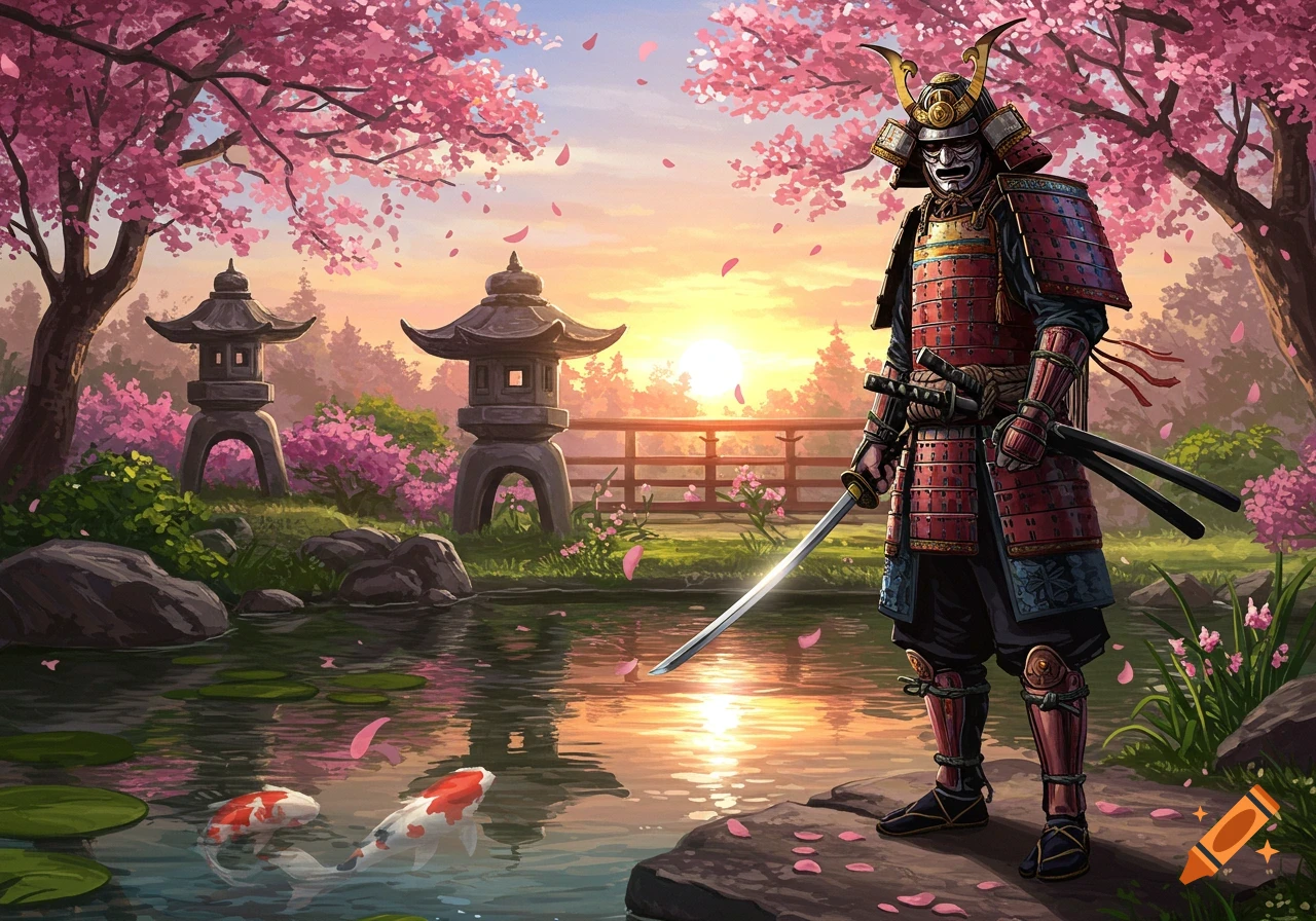 A samurai in red armor stands by a pond with koi fish and cherry blossoms in a vibrant Japanese garden at sunset.