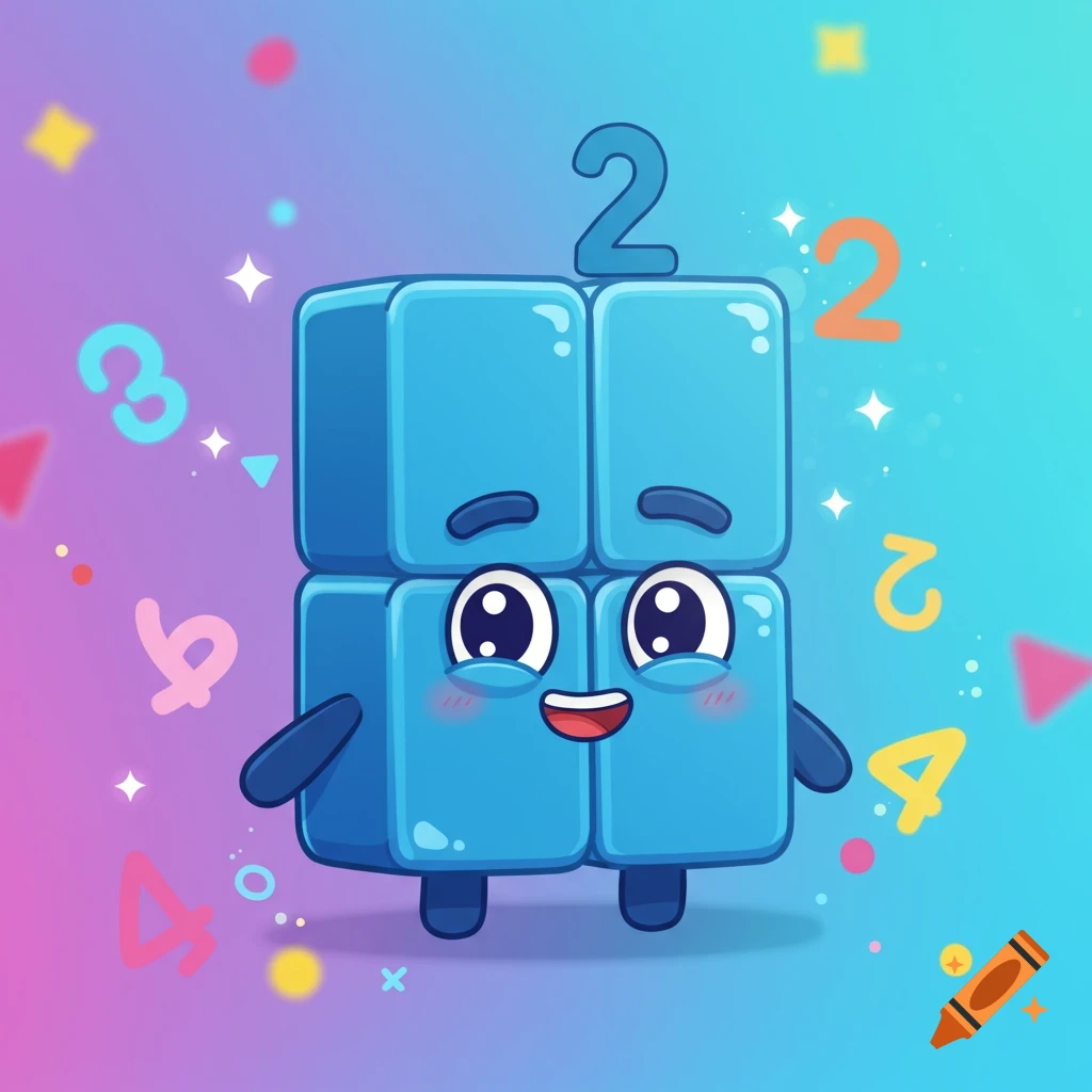 A cheerful blue Numberblock 2 cartoon character smiles brightly against a colorful gradient background with scattered numbers and shapes.