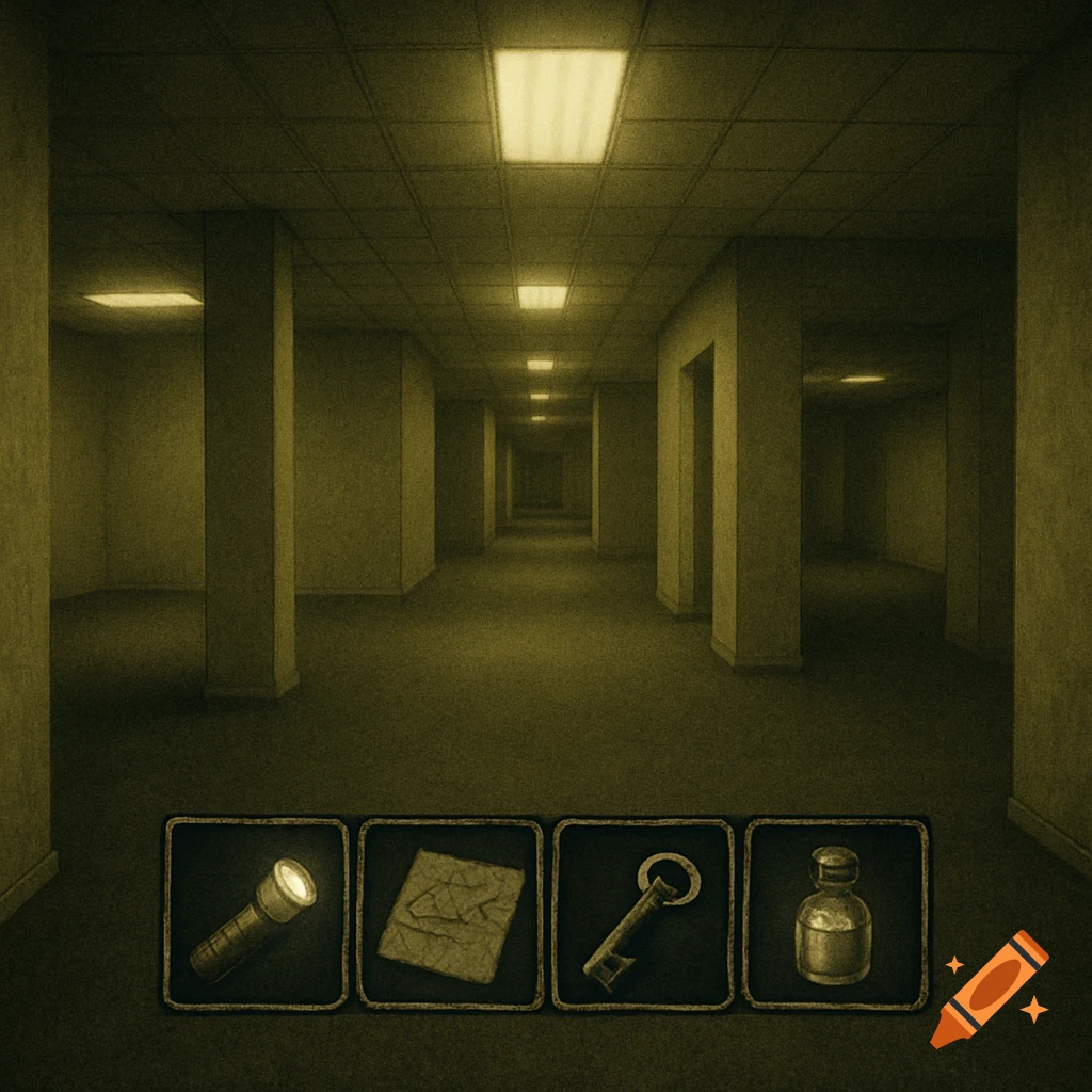 An empty, eerie yellowish-green backrooms hallway extends into the distance, with a game hotbar at the bottom showing a flashlight, paper, key, and bottle.