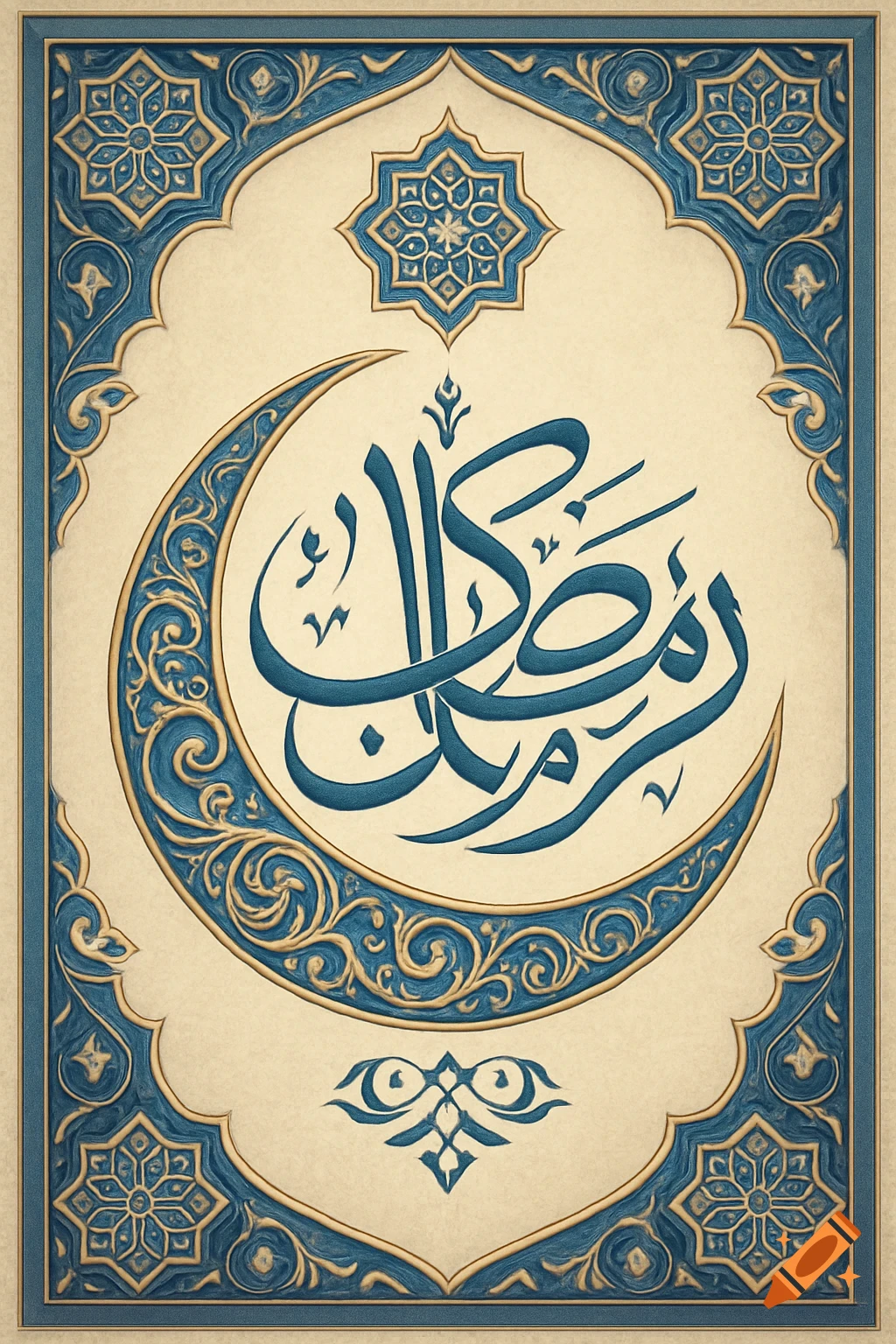 Islamic art poster with blue and gold Ramadan Kareem calligraphy, a crescent moon, and ornate geometric borders on a cream background.
