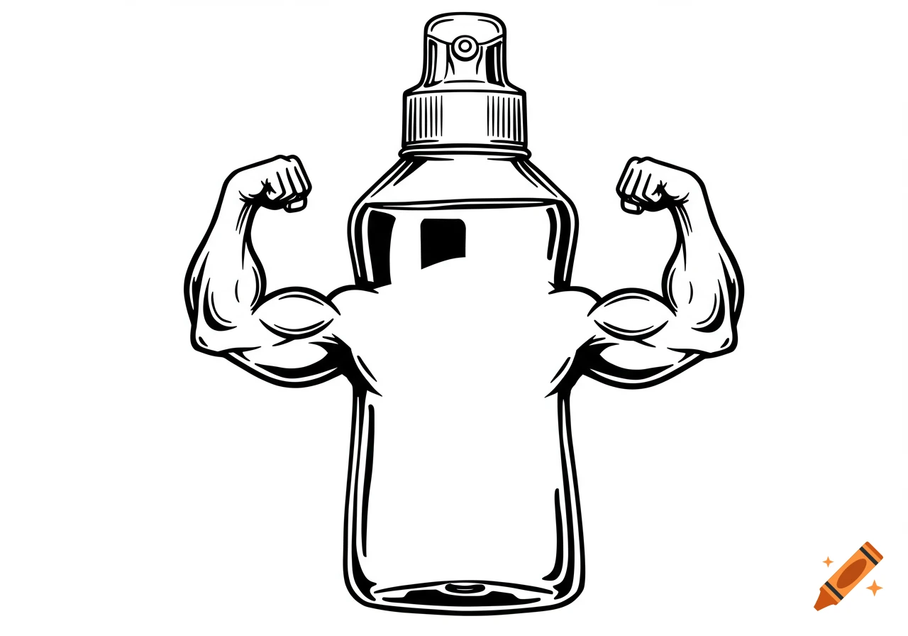 A black and white vector drawing of a bottle with muscular, flexing arms on its sides.
