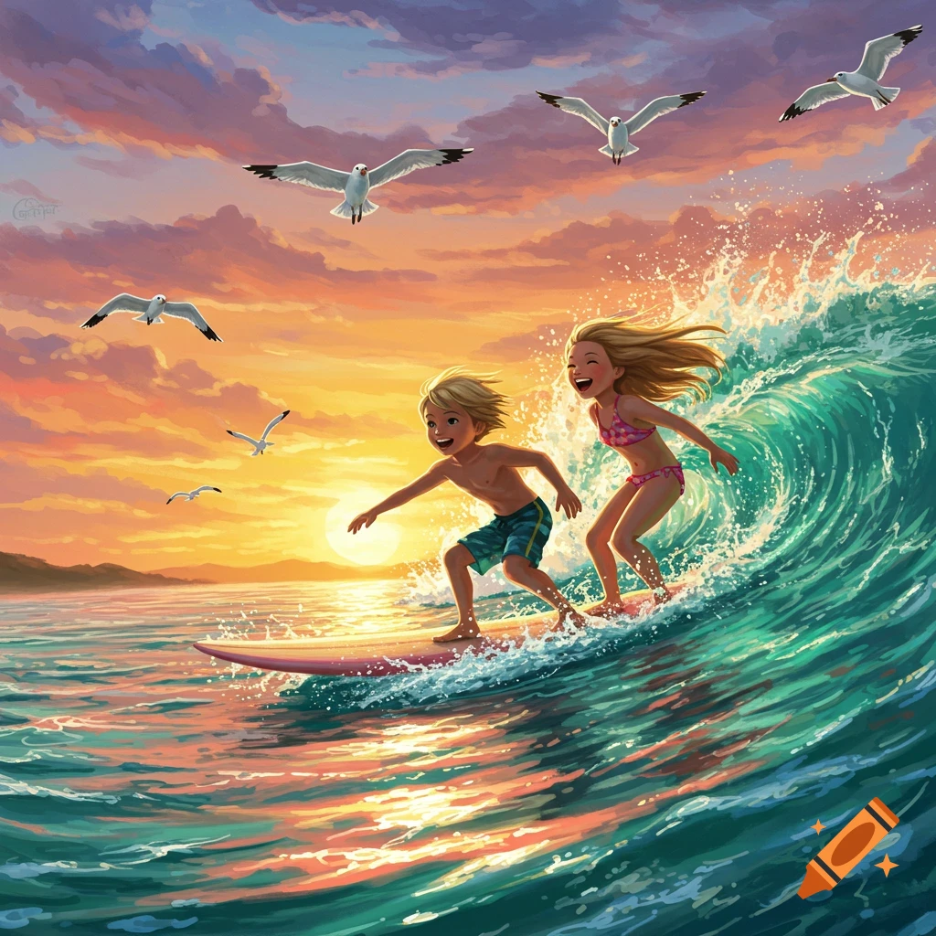 Vibrant illustration of a smiling blonde boy and girl surfing a wave in the ocean at sunset with seagulls.