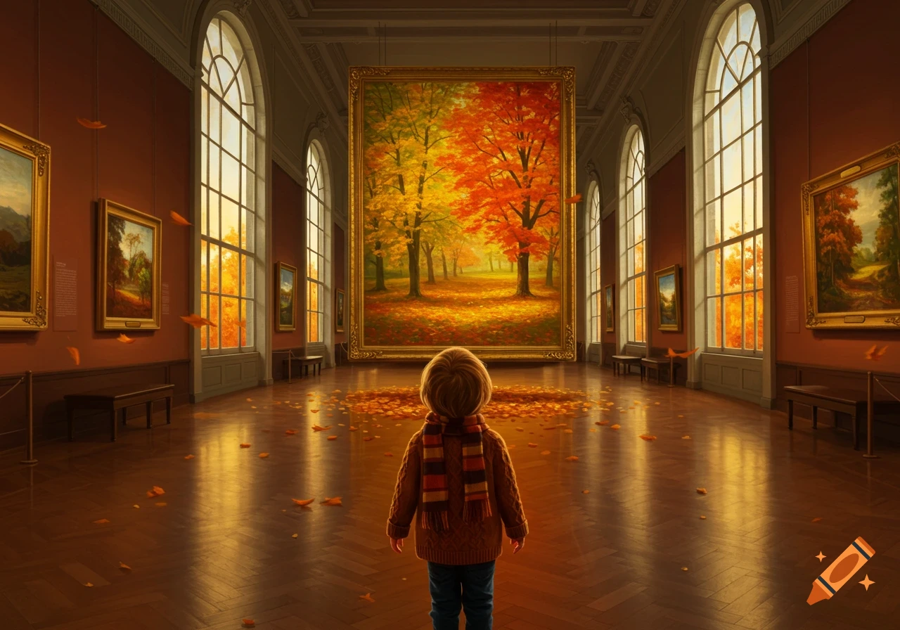 A child in a sweater and scarf stands in a grand museum, gazing at a large painting of a vibrant autumn forest, with fallen leaves on the floor.