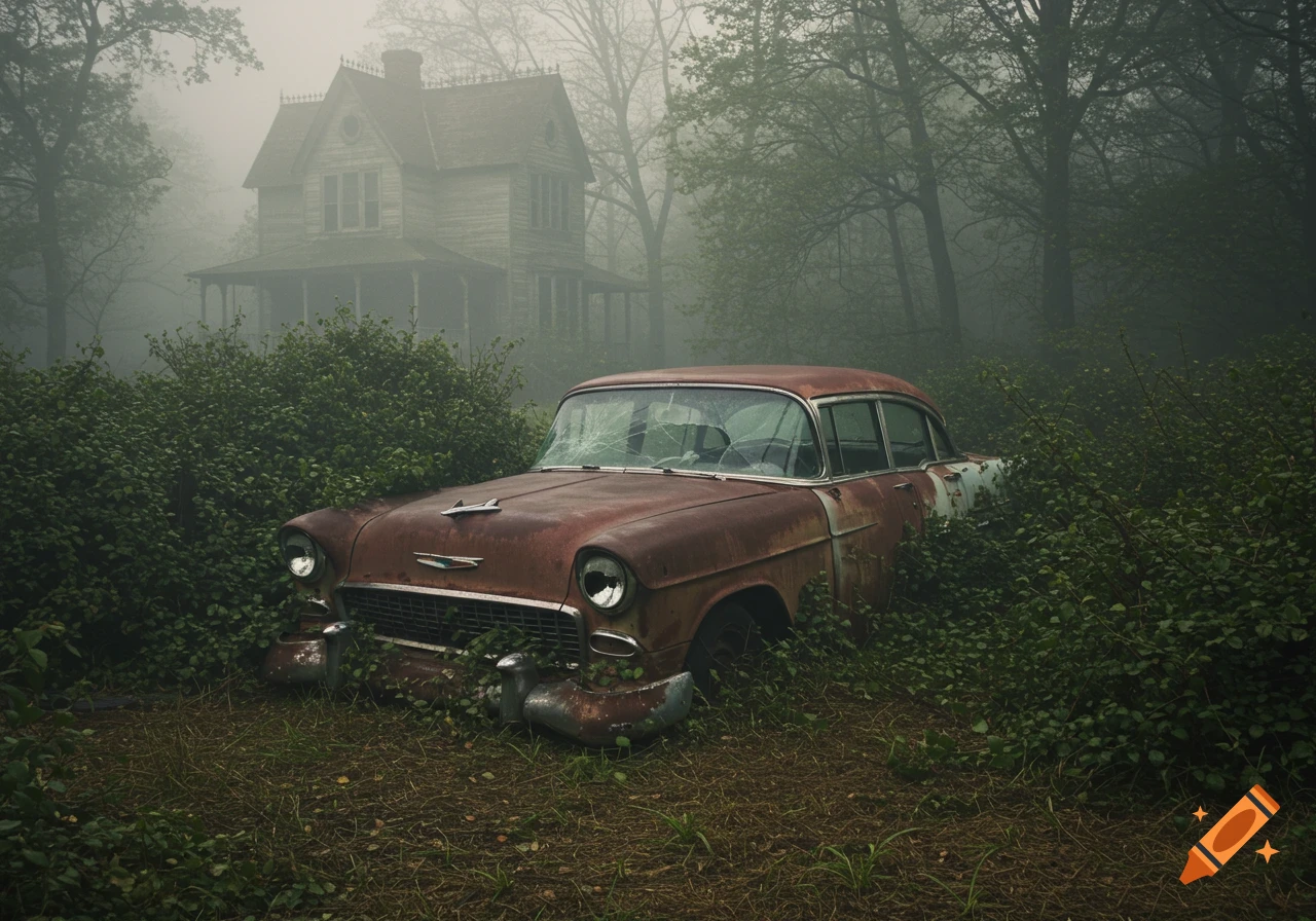 A rusted, dented 1955 Chevrolet with a broken windshield is abandoned in overgrown bushes in a foggy forest. A haunted house stands in the misty background.