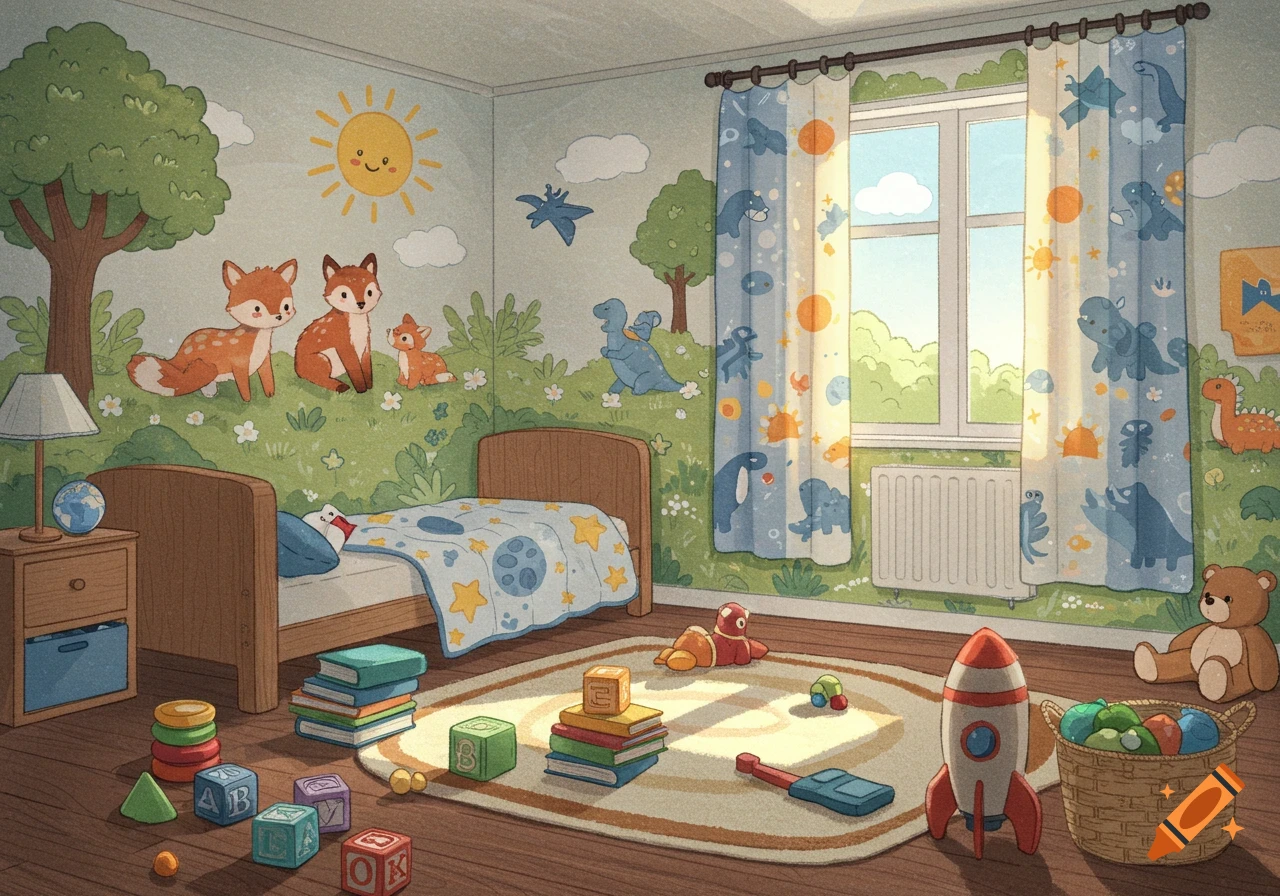 Cartoon illustration of a bright child's bedroom with animal and dinosaur wall art, a bed, and toys like blocks and a rocket.