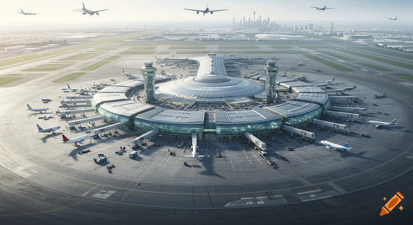 An aerial, photorealistic view of a modern, bustling airport with a large glass and steel terminal, multiple planes on runways, and a city skyline in the distance under daylight.