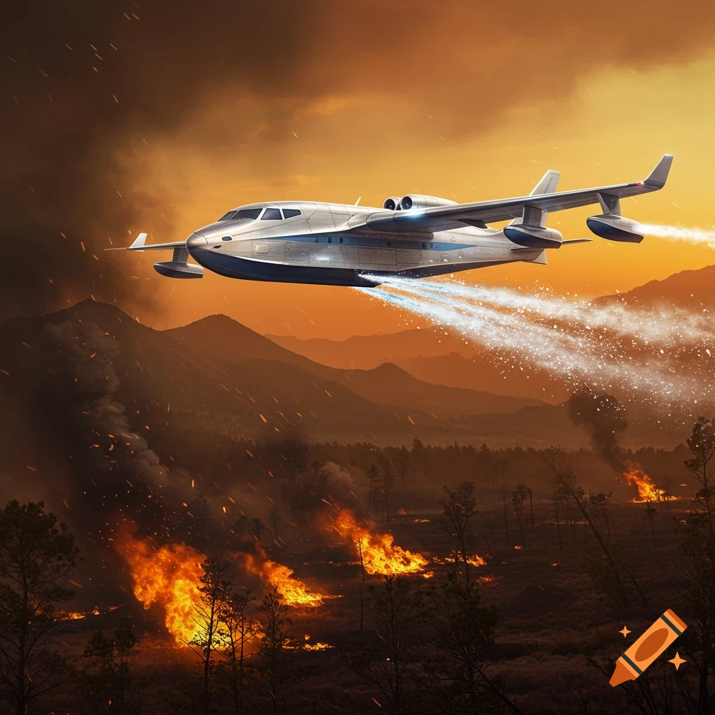 A futuristic silver water bomber airplane flies over a burning forest, dropping water on wildfires under an orange sky.