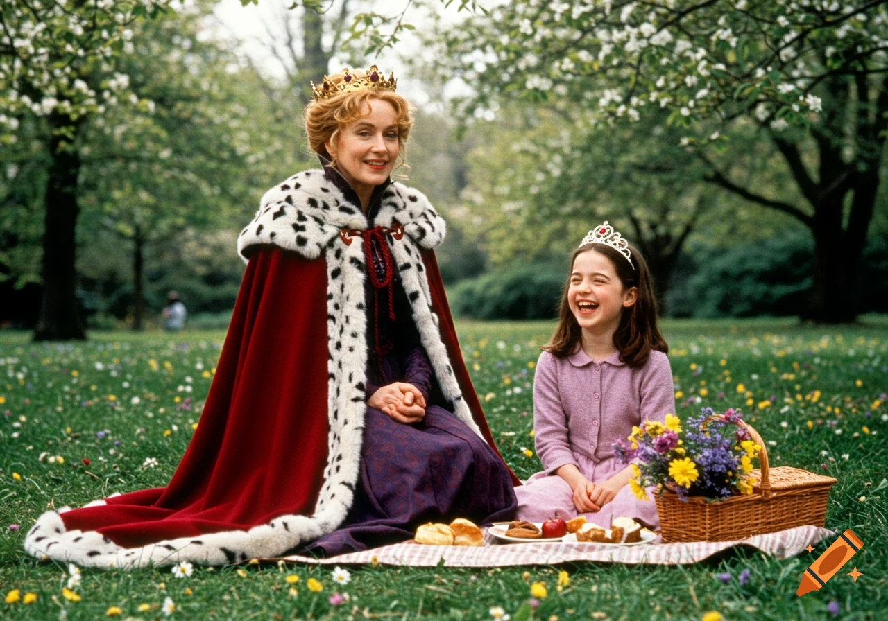 A woman in a queen's red and fur robe and a young girl in a tiara laugh while having a picnic in a grassy park.
