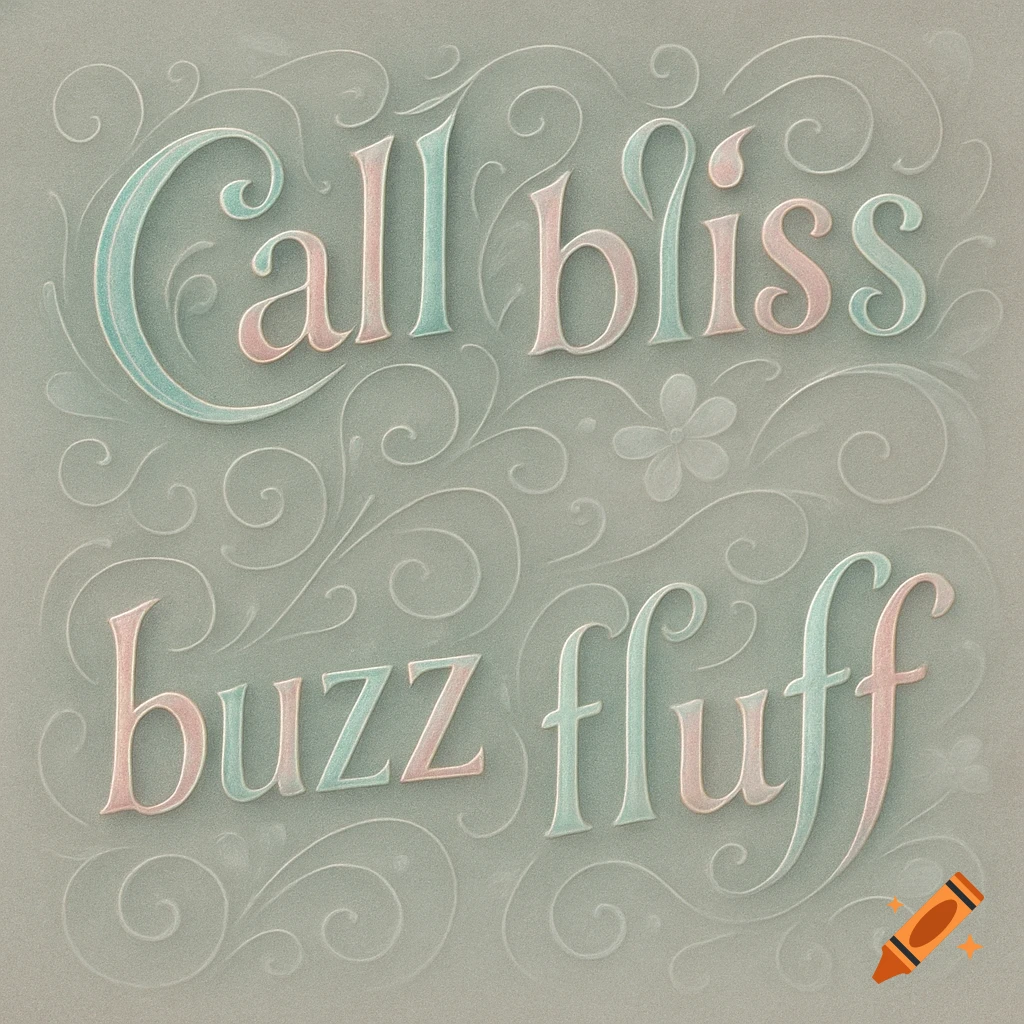 Ornate pastel green and pink embossed text reading 'Call bliss buzz fluff' on a grey background with subtle floral and swirl patterns.