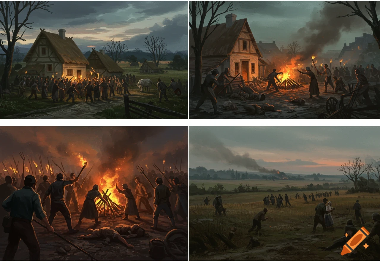 Four panels illustrate a historical peasant uprising: a crowd with torches, burning houses, a violent mob with pitchforks, and fleeing figures in a field at dusk.