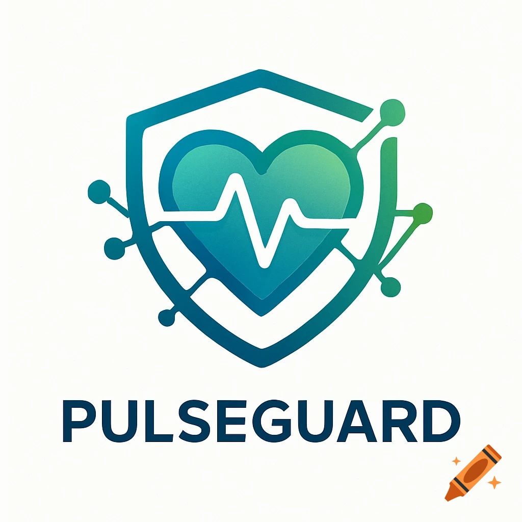Modern logo for PulseGuard featuring a gradient blue and green shield, a heart with a pulse line, and connecting data-like dots.