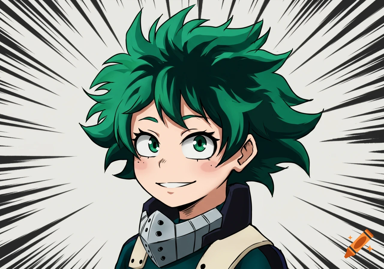 A smiling anime character with messy green hair and green eyes in the My Hero Academia style, with speed lines.