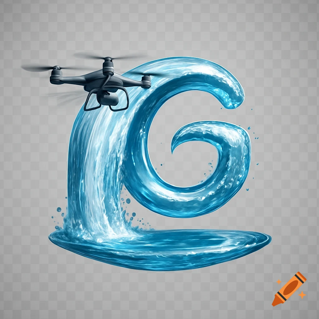 A 3D logo with a drone flying over a stylized letter G formed by a flowing blue water cascade, on a transparent background.