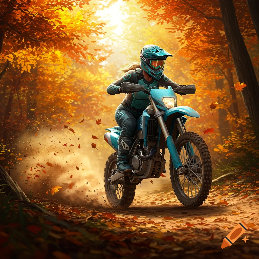 A person in a teal helmet and gear rides a dirt bike through a sunlit autumn forest, kicking up dust and leaves.