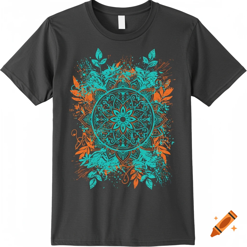 A dark gray t-shirt featuring a vibrant teal and orange mandala design with botanical elements and paint splatters.