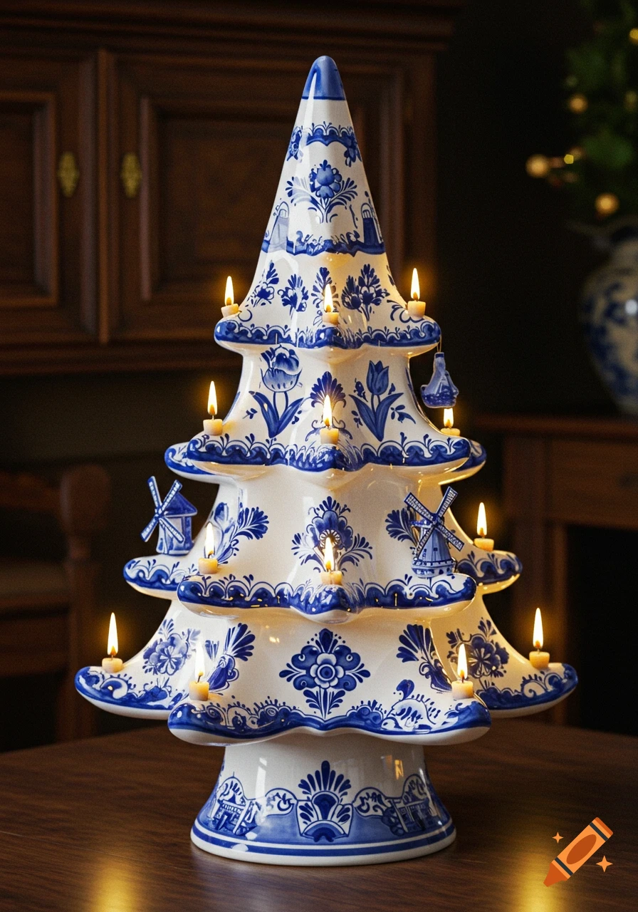 A white and blue Delftware Christmas tree decoration with lit candles, windmills, and clogs on a wooden table.
