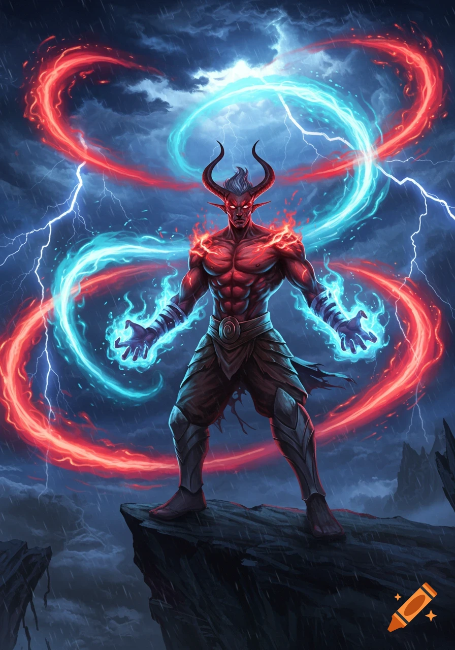 A muscular red demon with horns and glowing eyes stands on a cliff, wielding red flames and blue lightning during a storm.