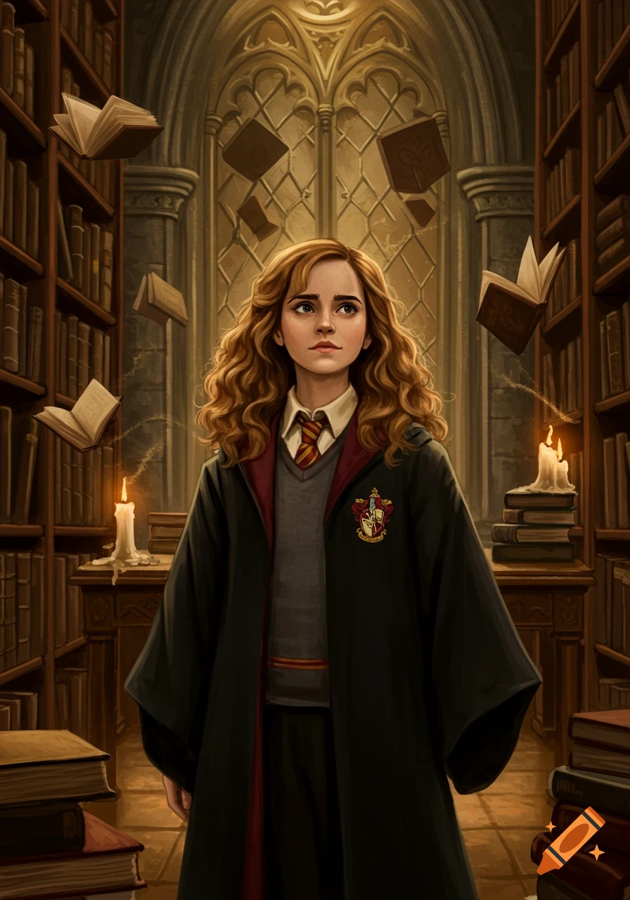 A digital painting of Hermione Granger in a Hogwarts library, with floating books and candles.