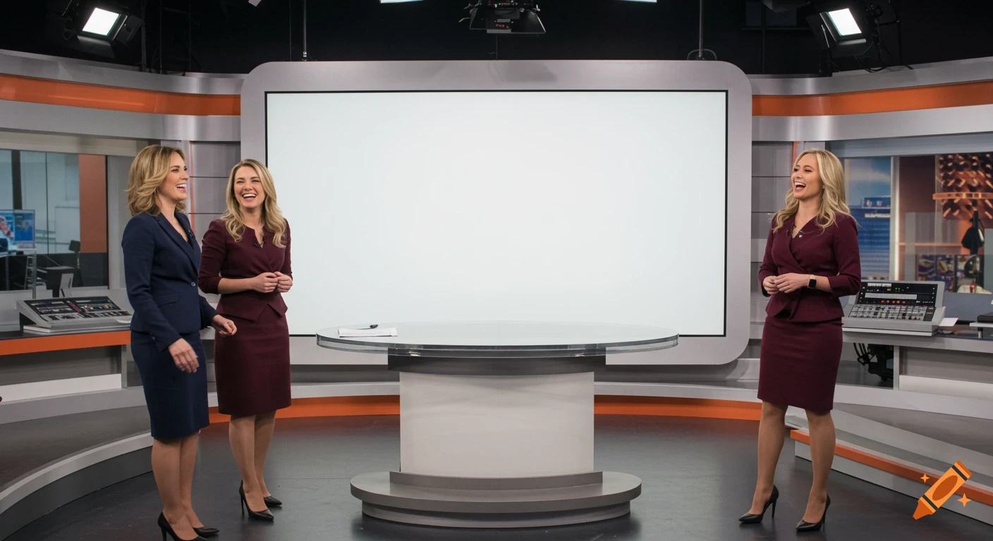 Three women in professional attire laugh in a modern news studio with a large blank screen and control panels.
