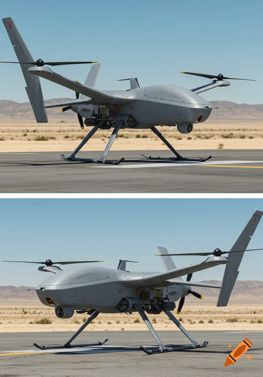 A photorealistic gray military quadcopter drone with four rotors sitting on a runway in a desert landscape.