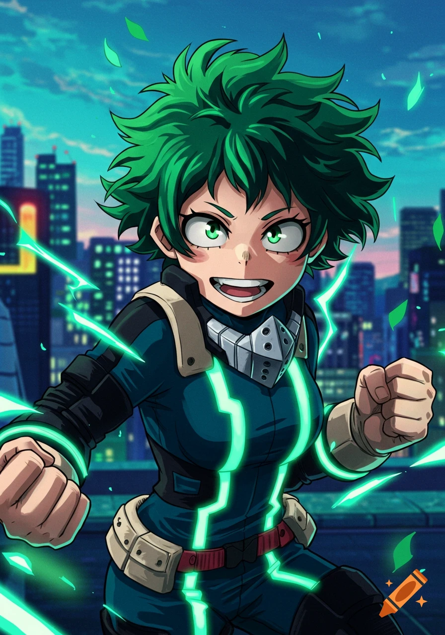 Anime illustration of a green-haired girl in a superhero costume, glowing with energy, against a city skyline.