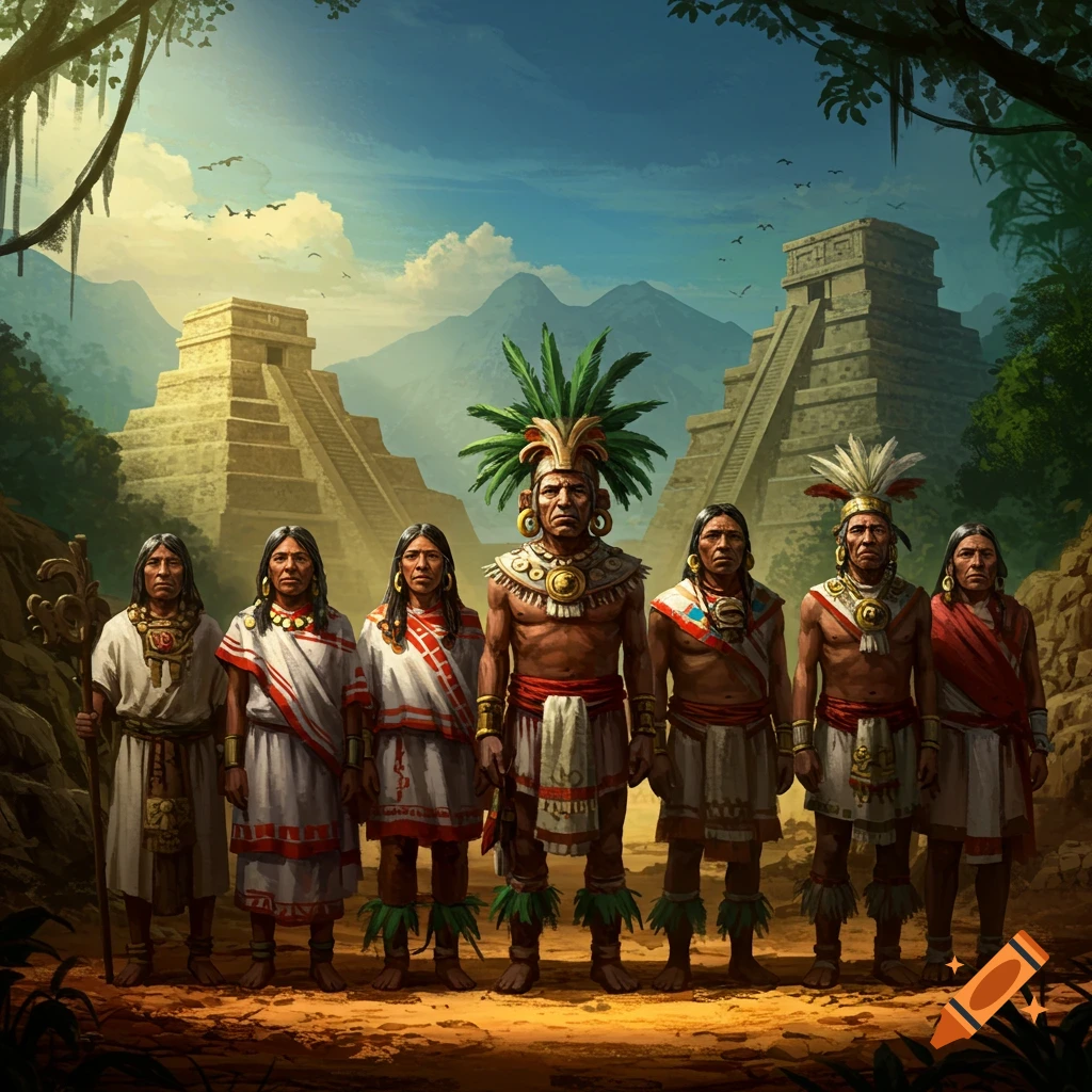 Seven Indigenous people in traditional attire stand before ancient pyramids and a lush jungle backdrop.