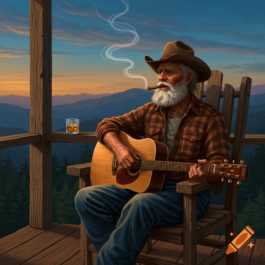 An old, bearded mountain man in a cowboy hat plays guitar and smokes a cigar on a rustic porch, with a whiskey glass and mountain sunset in the background.