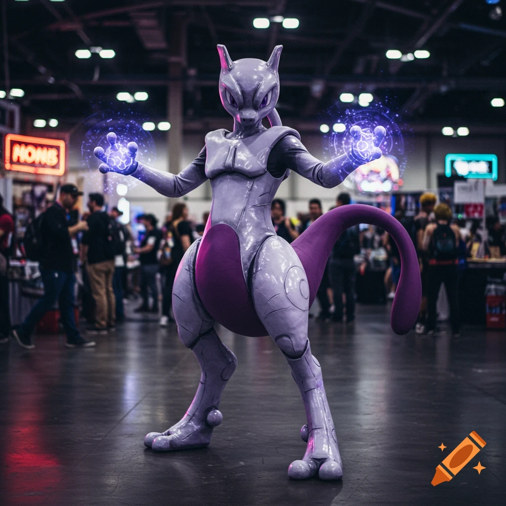 A person in a detailed Mewtwo costume with glowing hands stands in a bustling convention hall.
