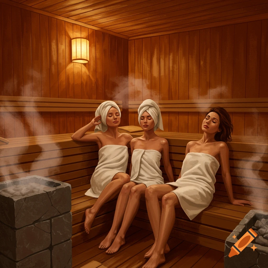 Three women in white towels relaxing on wooden benches in a steamy sauna, with stone heaters in the foreground.