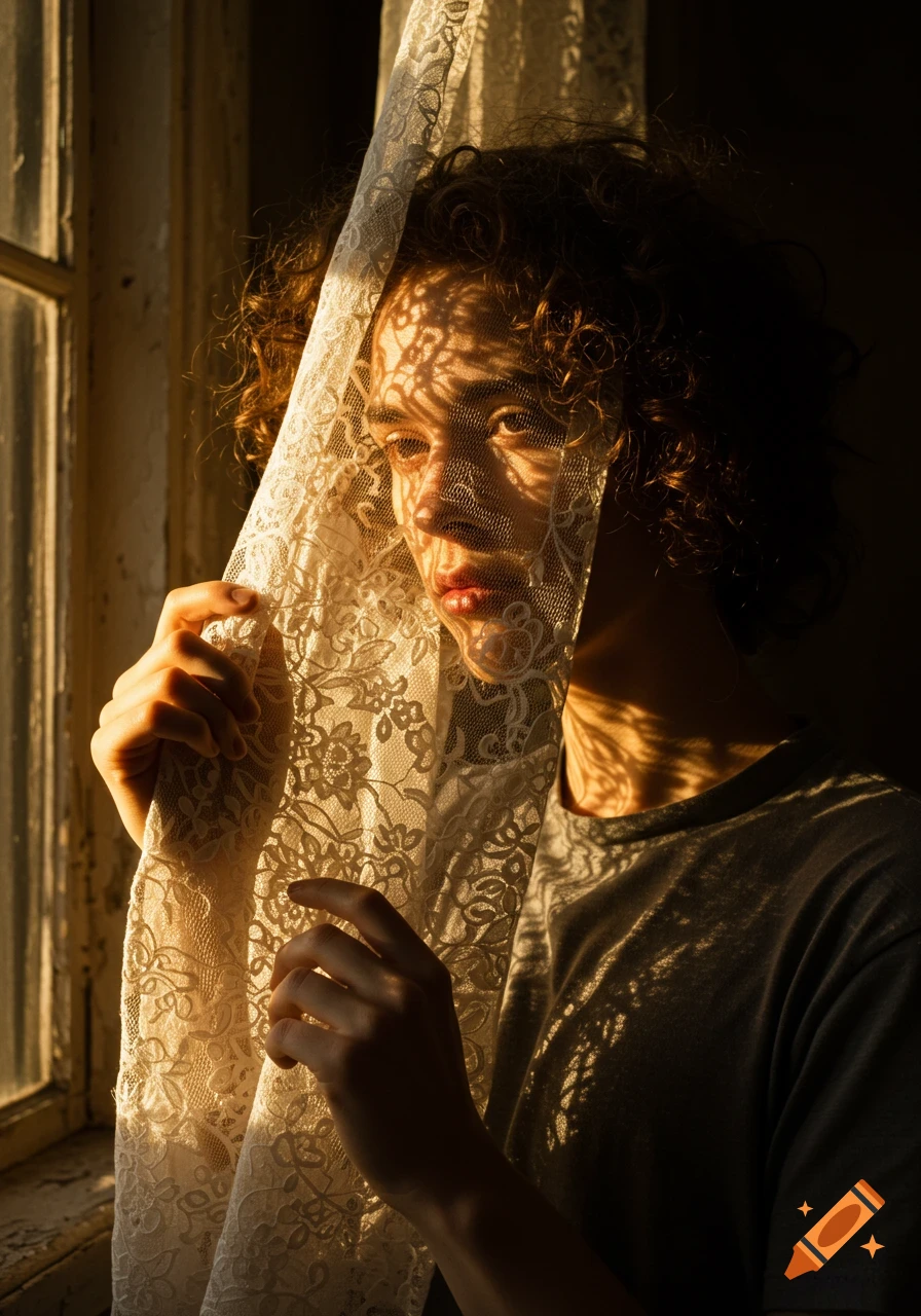 Photorealistic portrait of a person with curly hair partially obscured by a lace curtain, bathed in golden window light casting intricate shadows.