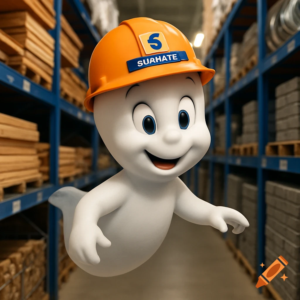 Casper the friendly ghost, wearing an orange construction helmet, smiles and floats in a photorealistic warehouse.