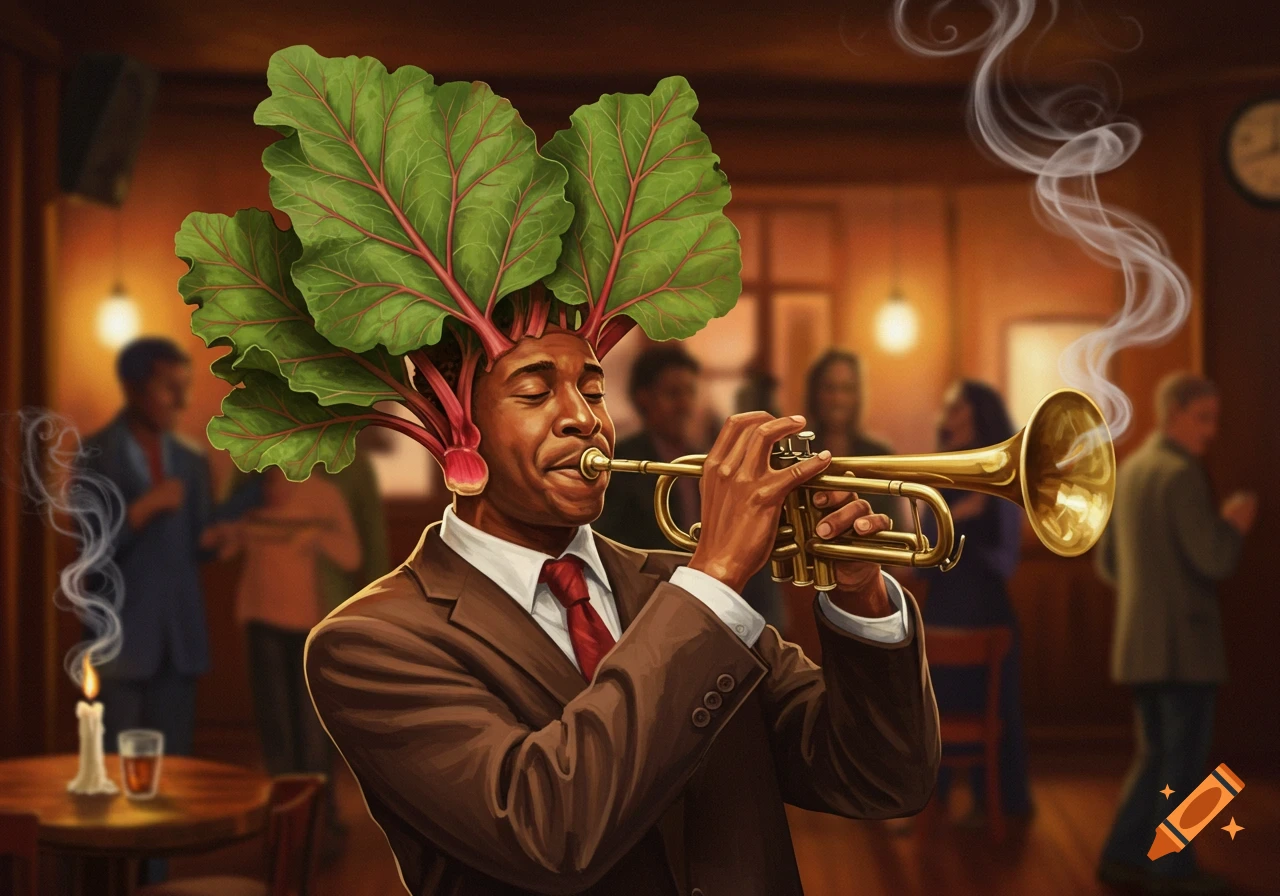 A man with rhubarb leaves for hair plays a trumpet in a dimly lit jazz club, painterly style.