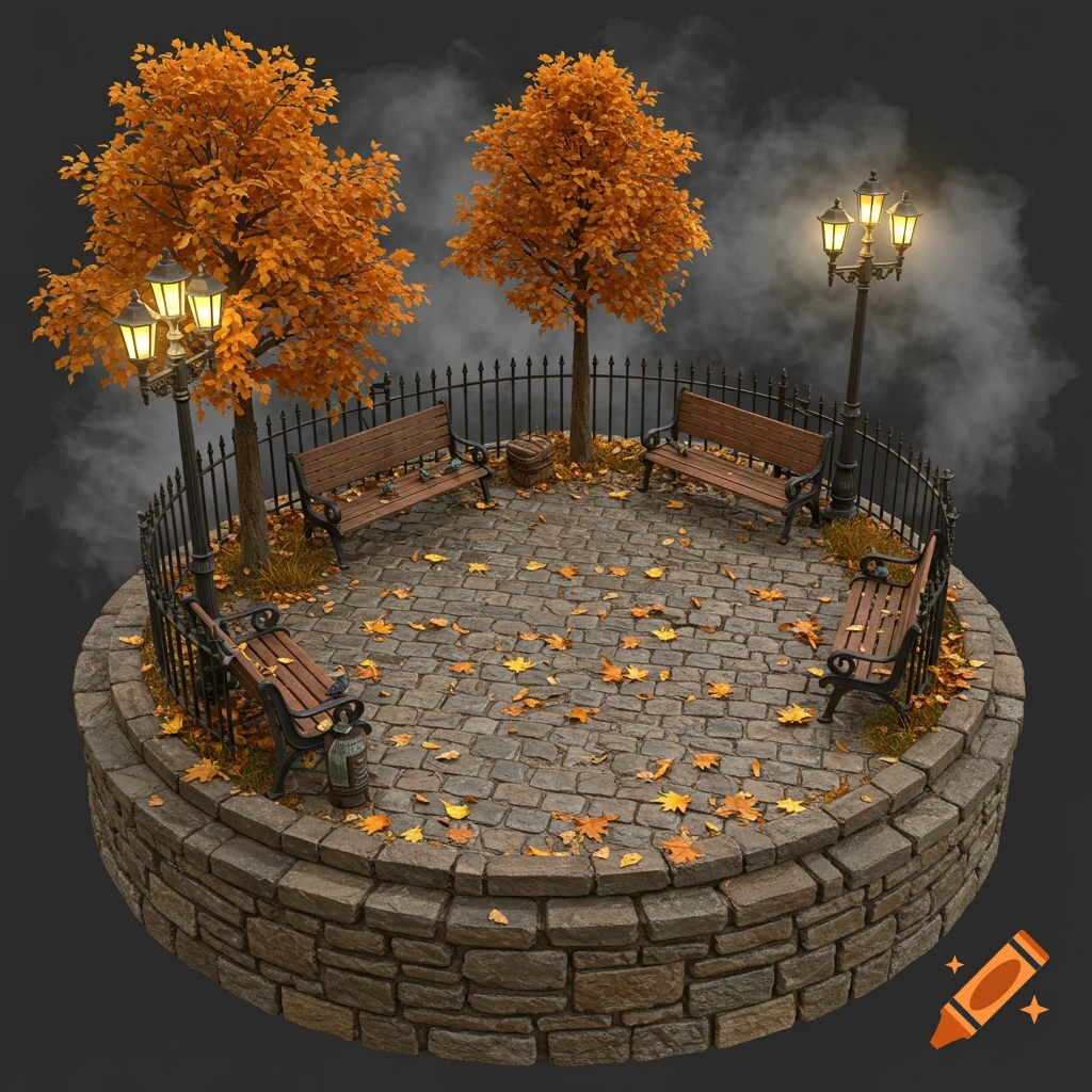 An isometric 3D render of a round miniature park base with autumn trees, lampposts, and benches on a cobblestone path covered in orange leaves.