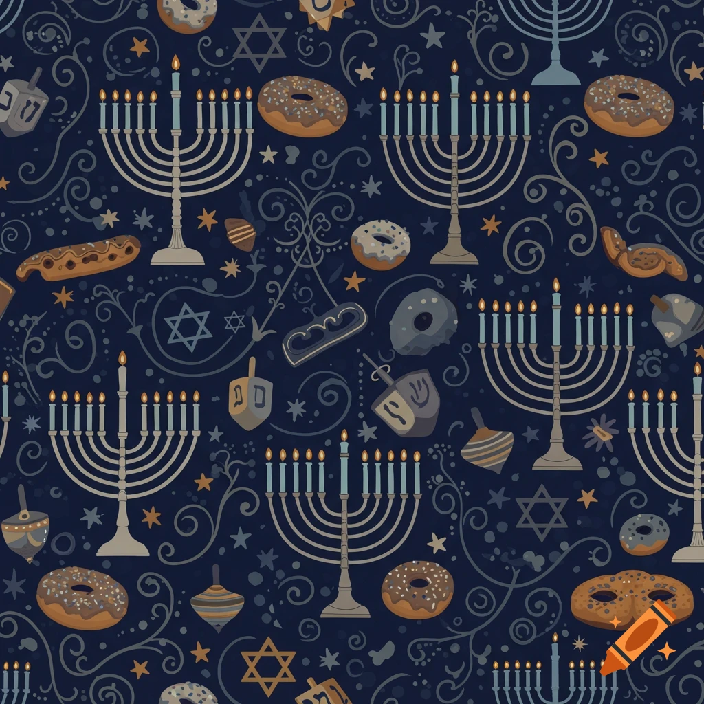 A dark blue seamless pattern featuring Hanukkah symbols like menorahs with lit candles, sufganiyot (donuts), dreidels with distorted Hebrew letters, and Stars of David, along with decorative swirls and stars.