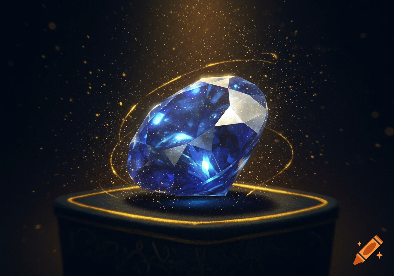 A glistening blue sapphire gemstone with bright facets, resting on a dark, ornate pedestal, surrounded by sparkling golden dust and light.