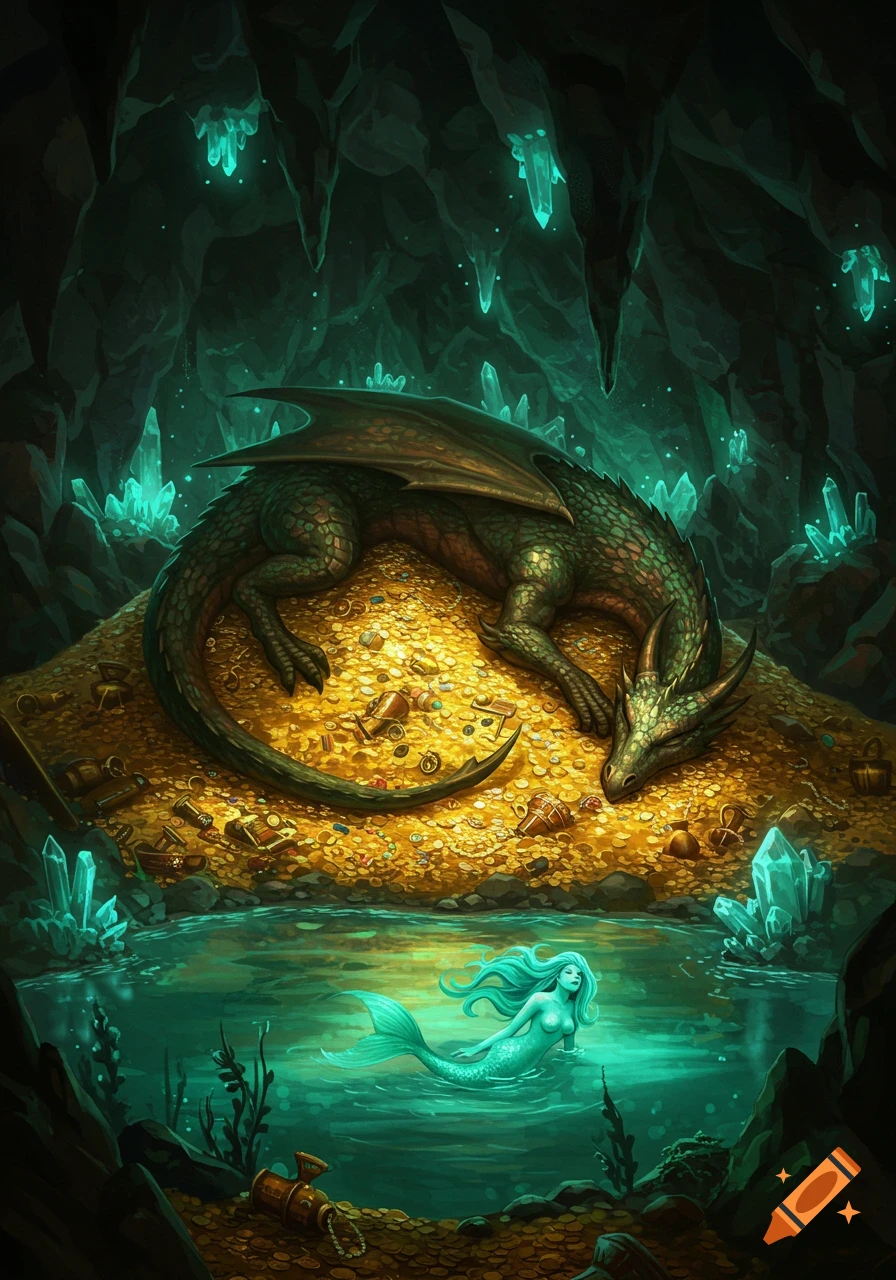 A green dragon sleeps on a massive pile of gold coins in a glowing crystal cave, while a mermaid swims in a pond below. Fantasy art.