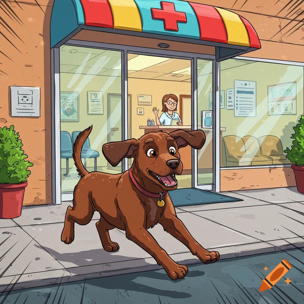 A happy cartoon brown dog with a red collar runs towards a vet clinic entrance where a receptionist waves.
