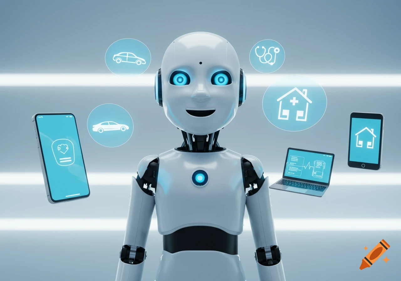 Friendly white AI robot with blue eyes, surrounded by digital icons for smart home, health, cars, and devices, futuristic illustration.