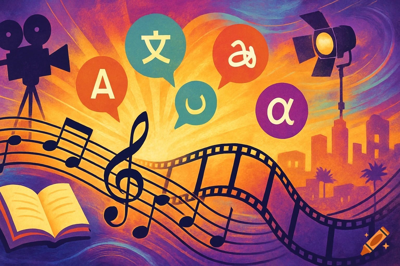 Vibrant illustration with film camera, film strip, musical notes, open book, and speech bubbles with diverse language symbols over a city skyline at sunset.