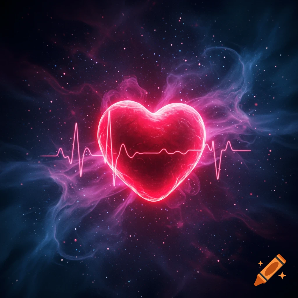A vibrant, glowing red heart with a neon pink EKG line against a dark, cosmic background filled with stars and blue and purple nebulae.