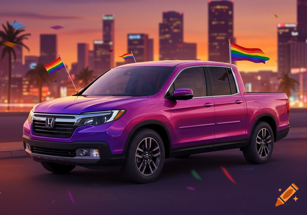 A purple and pink Honda Ridgeline pickup truck with rainbow flags, parked in front of a city skyline at sunset.