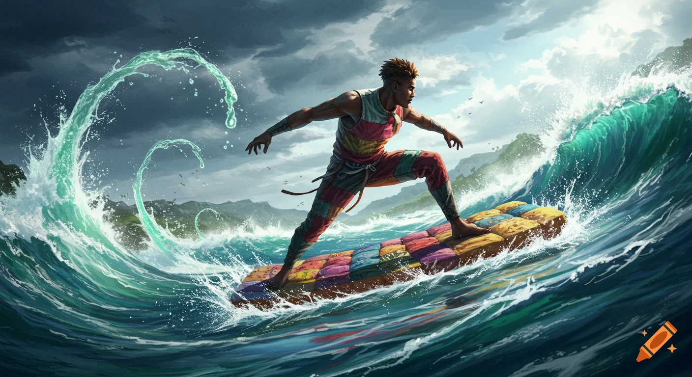 A man in colorful patchwork clothes surfs on a mattress through dramatic, turbulent ocean waves under a stormy sky in an illustrative style.