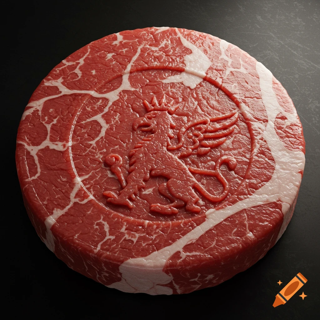 A round, raw marbled meat slab with a winged lion embossed in the center, resembling a coin.