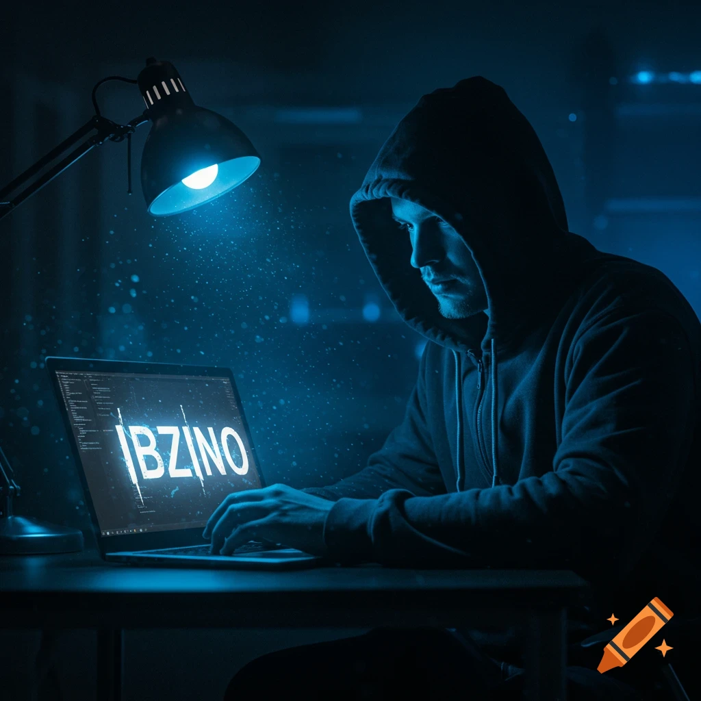 A hooded man types on a laptop displaying "IBZINO" in a dark, blue-lit room with a desk lamp.