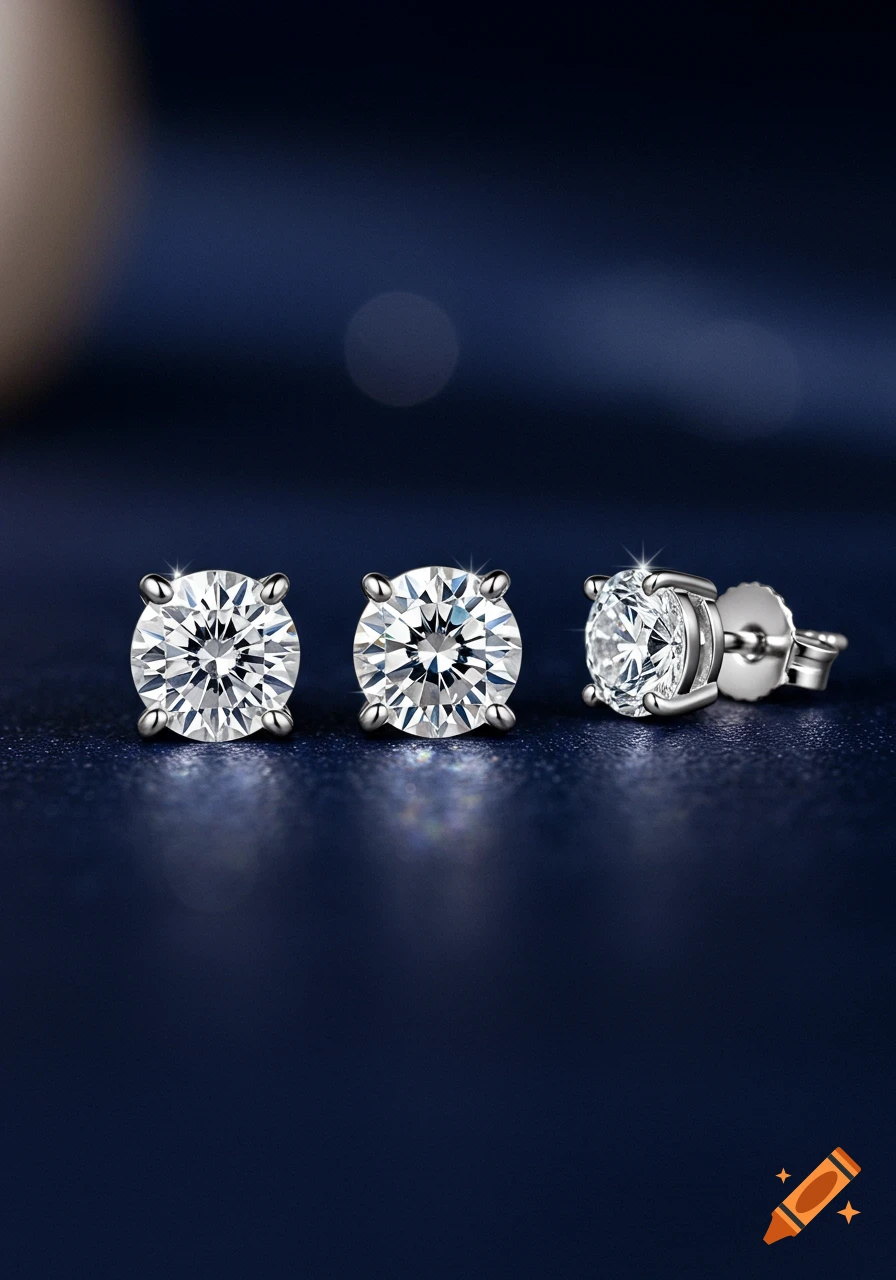 Two brilliant round-cut diamond stud earrings and one earring with its backing, laid on a reflective dark blue surface.