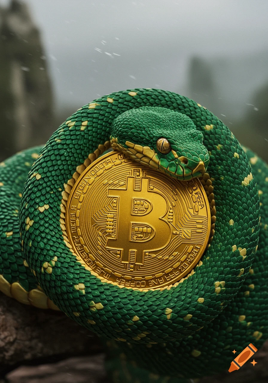 A detailed green viper with yellow markings wrapped around a large, golden Bitcoin coin in a photorealistic style.