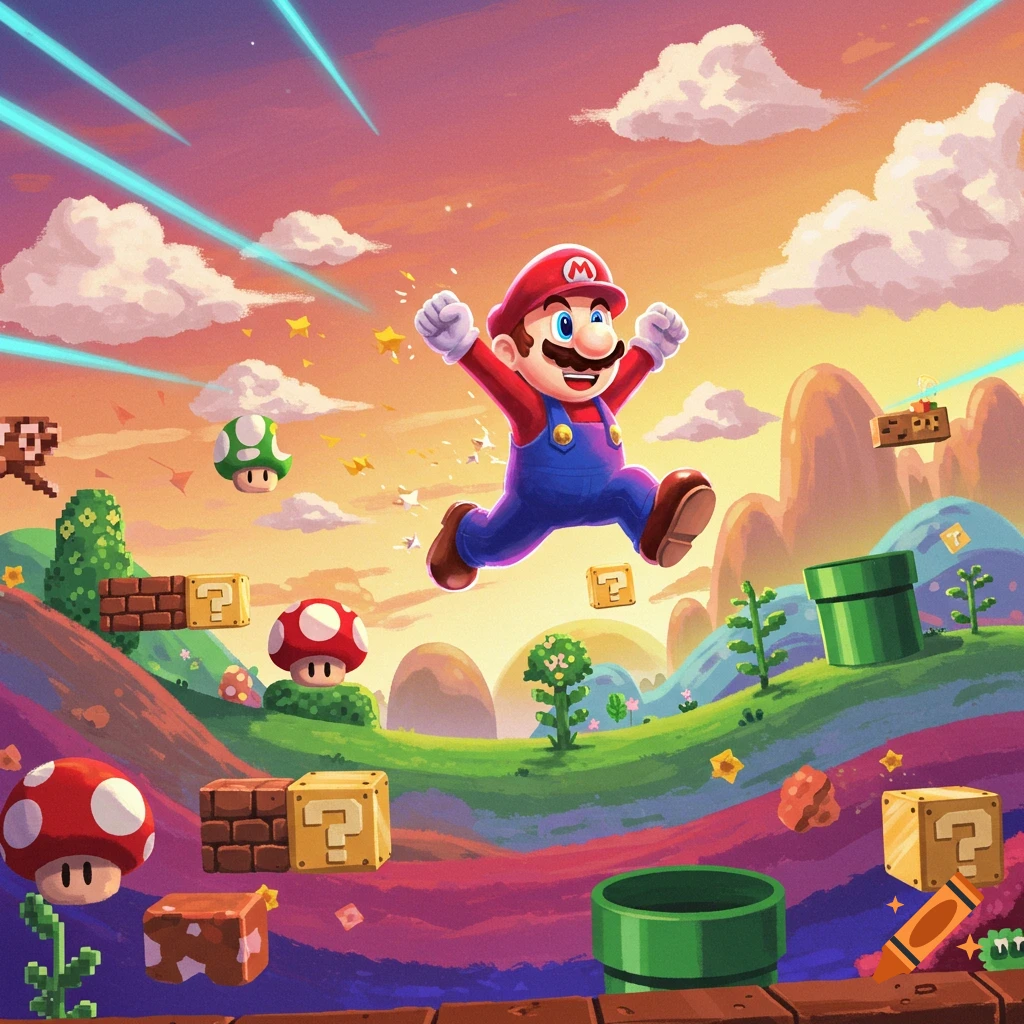Mario jumps energetically across a vibrant, stylized Super Mario Bros. landscape with question blocks, mushrooms, and pipes.