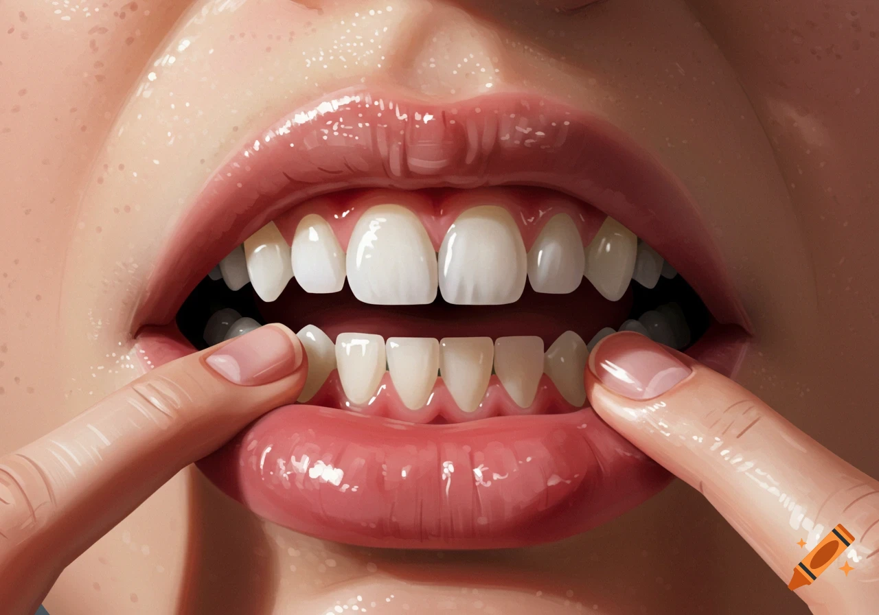 Close-up illustration of a person's open mouth with fingers pulling back the lips, revealing white teeth and gums.